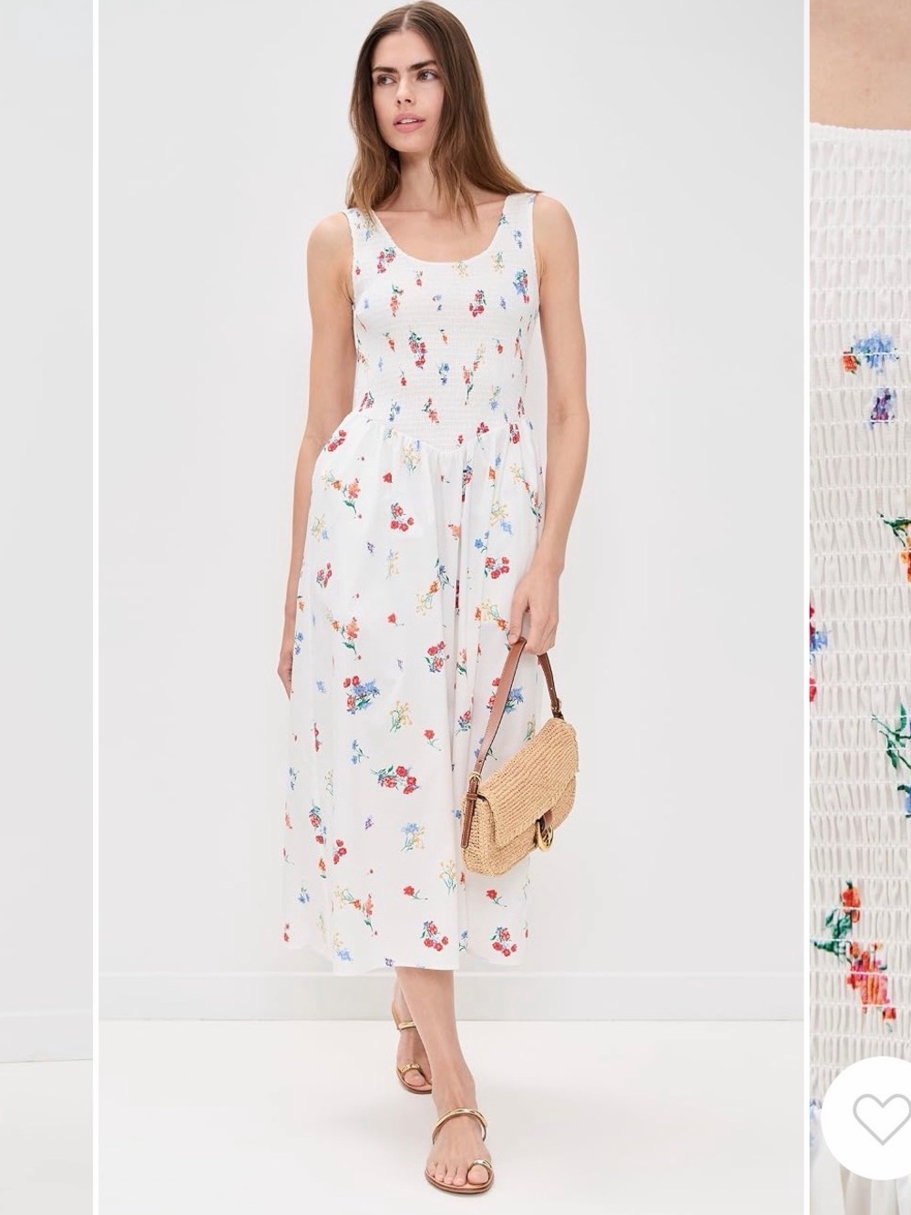 WAYF White Floral Smocked Midi Dress